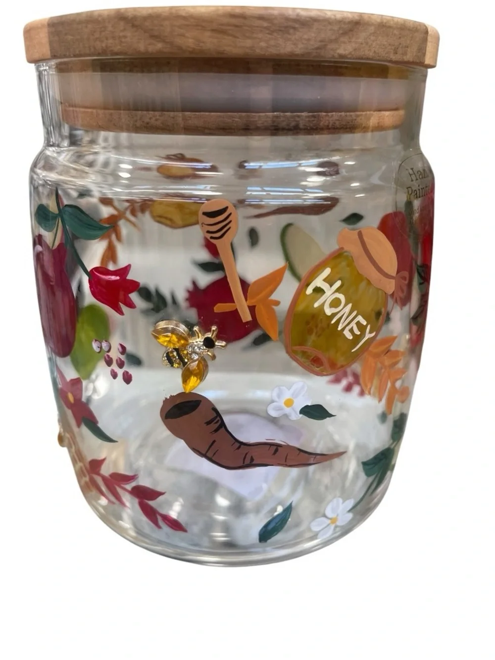Rosh Hashanah Glass Storage Jar with Wooden Lid – Apple, Honey & Shofar Decor